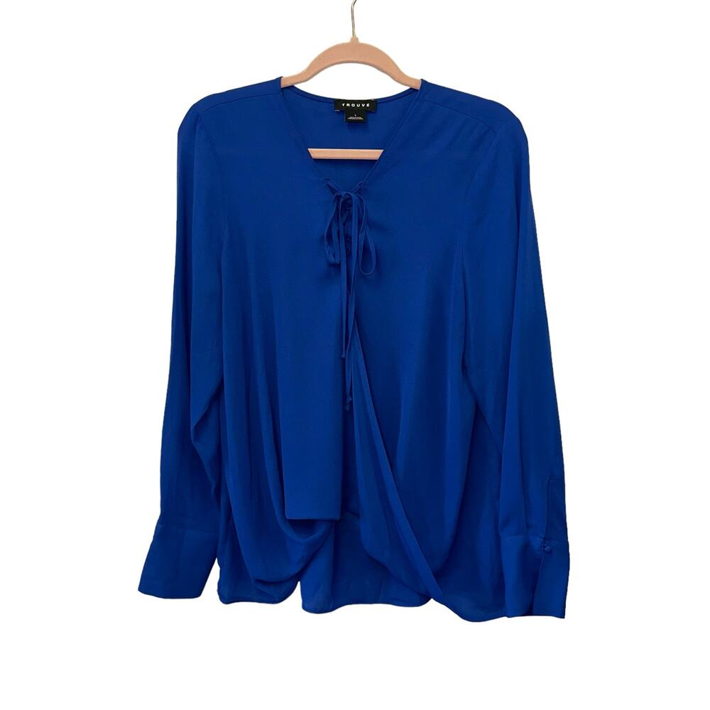Trouve Faux Wrap Blouse Large Blue Tie Neck Draped Front Long Sleeve Workwear